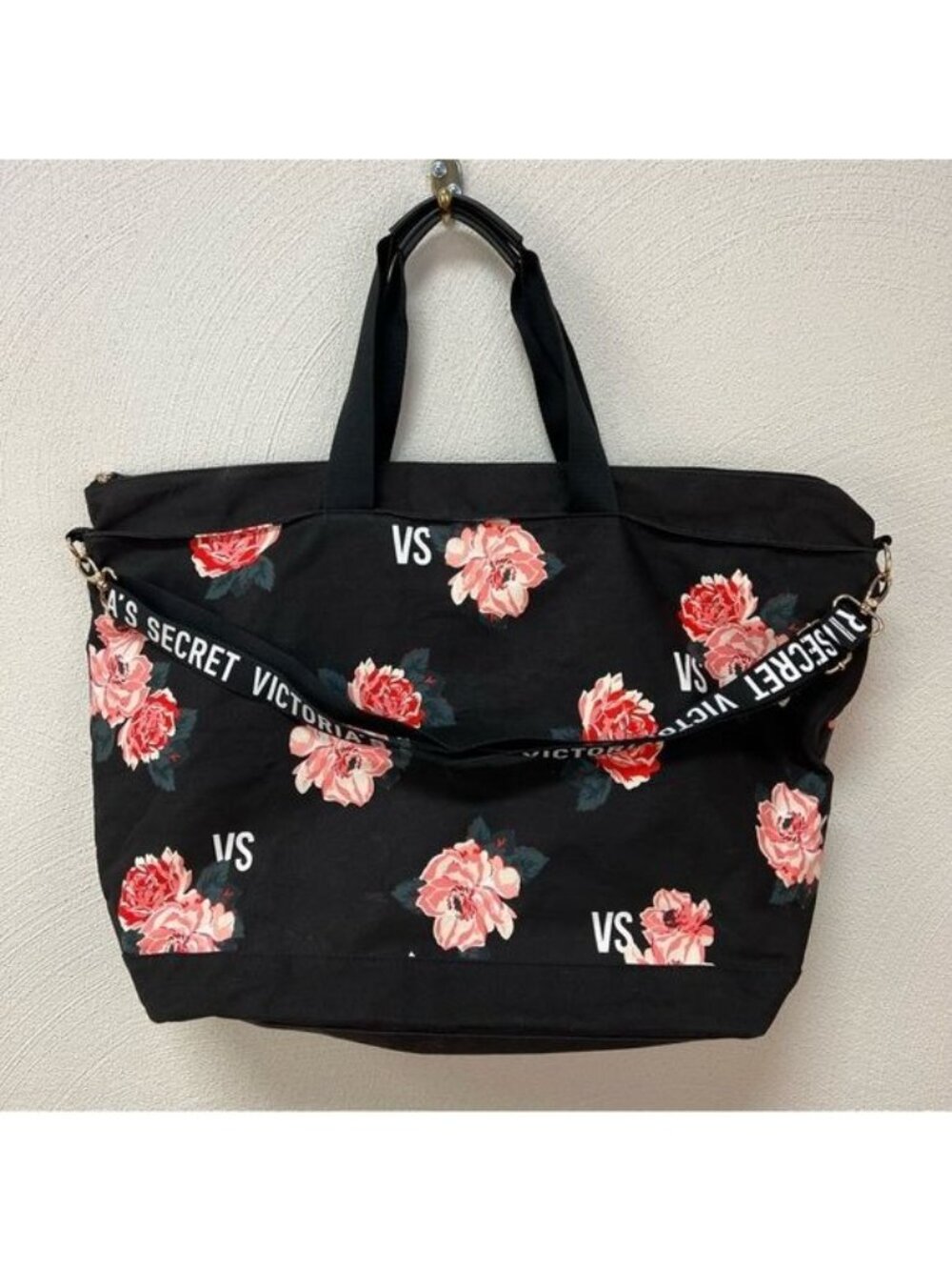 Victoria’s Secret PINK Black Duffle Bag with Roses Logo Strap